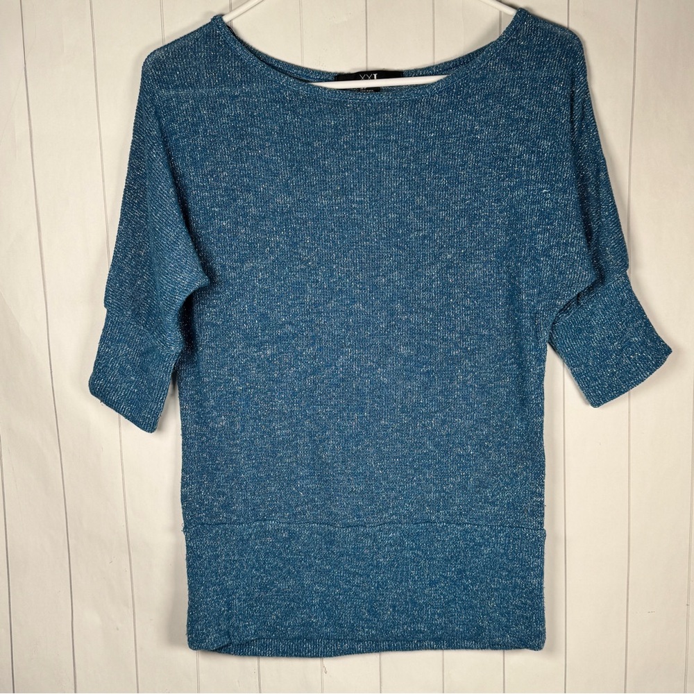XXI Forever21 Blue Metallic Knit 1/2 Sleeve Sweater Top Y2K Preppy Layering S